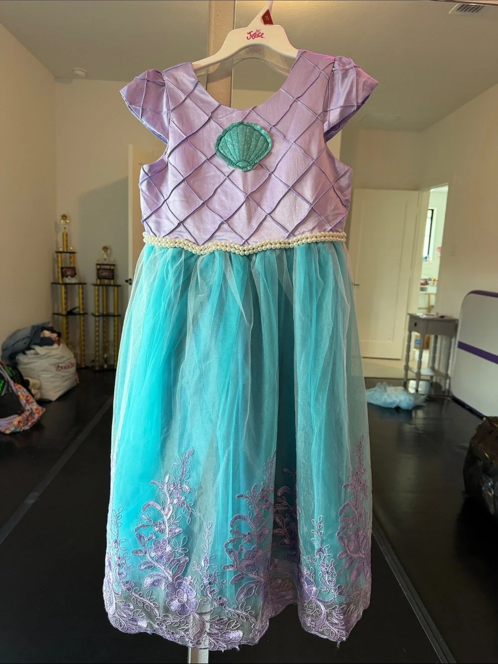 Title: Magical Girls Mermaid Princess Ariel Costume Dress with Pearl Trim